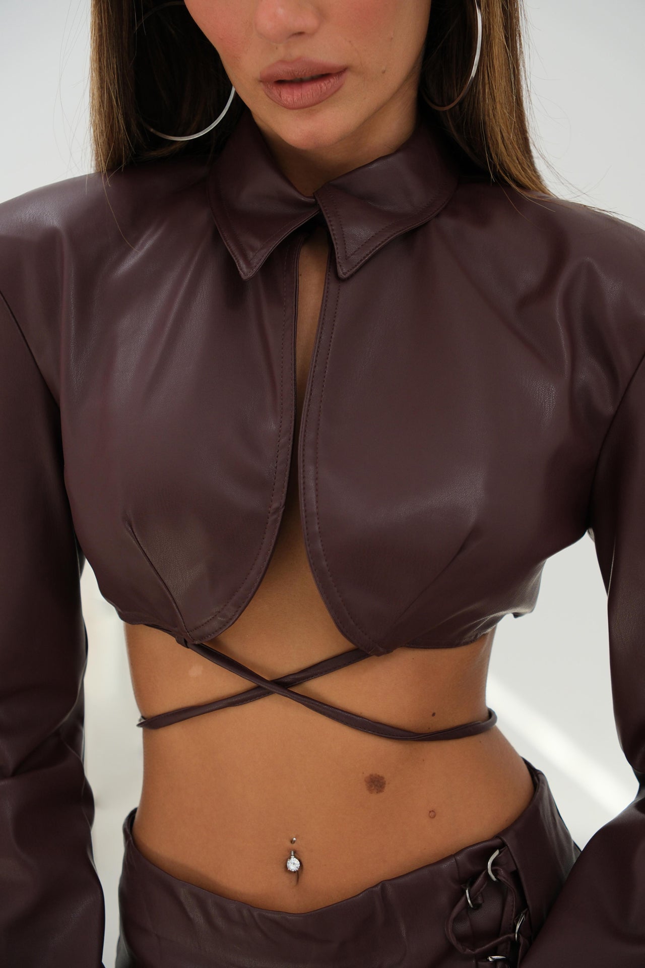 Lacing Detail Burgundy Crop Leather Jacket 