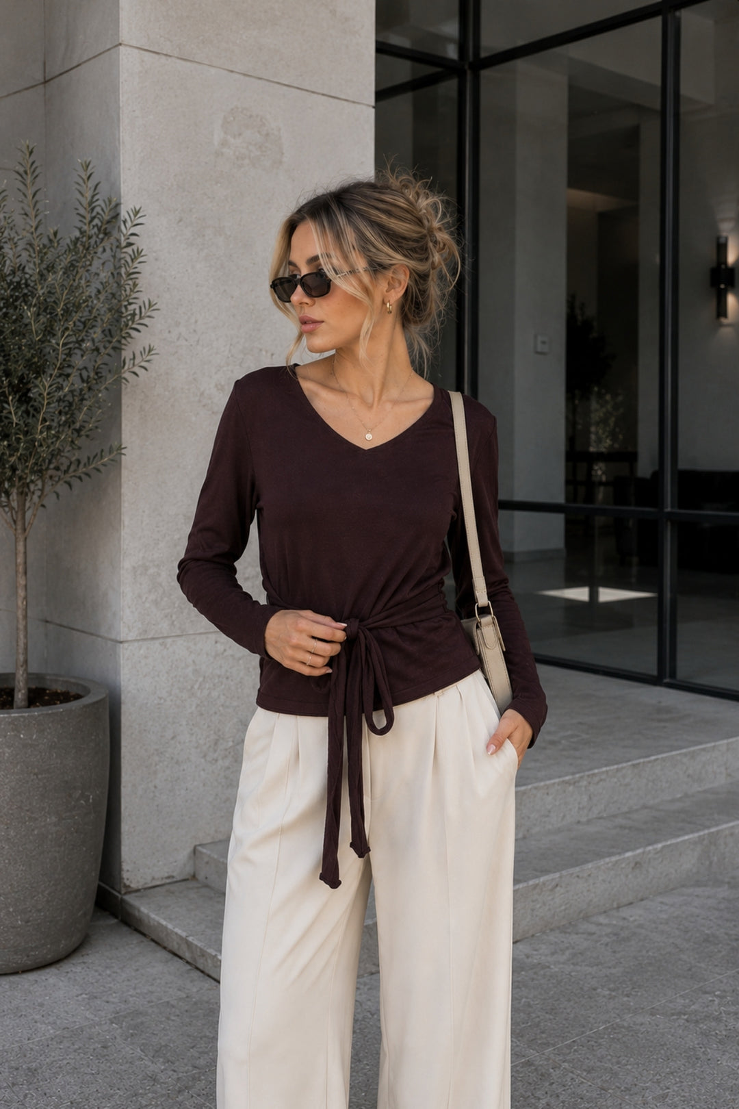 Bağlama Detay İnce Kahverengi Triko Bluz