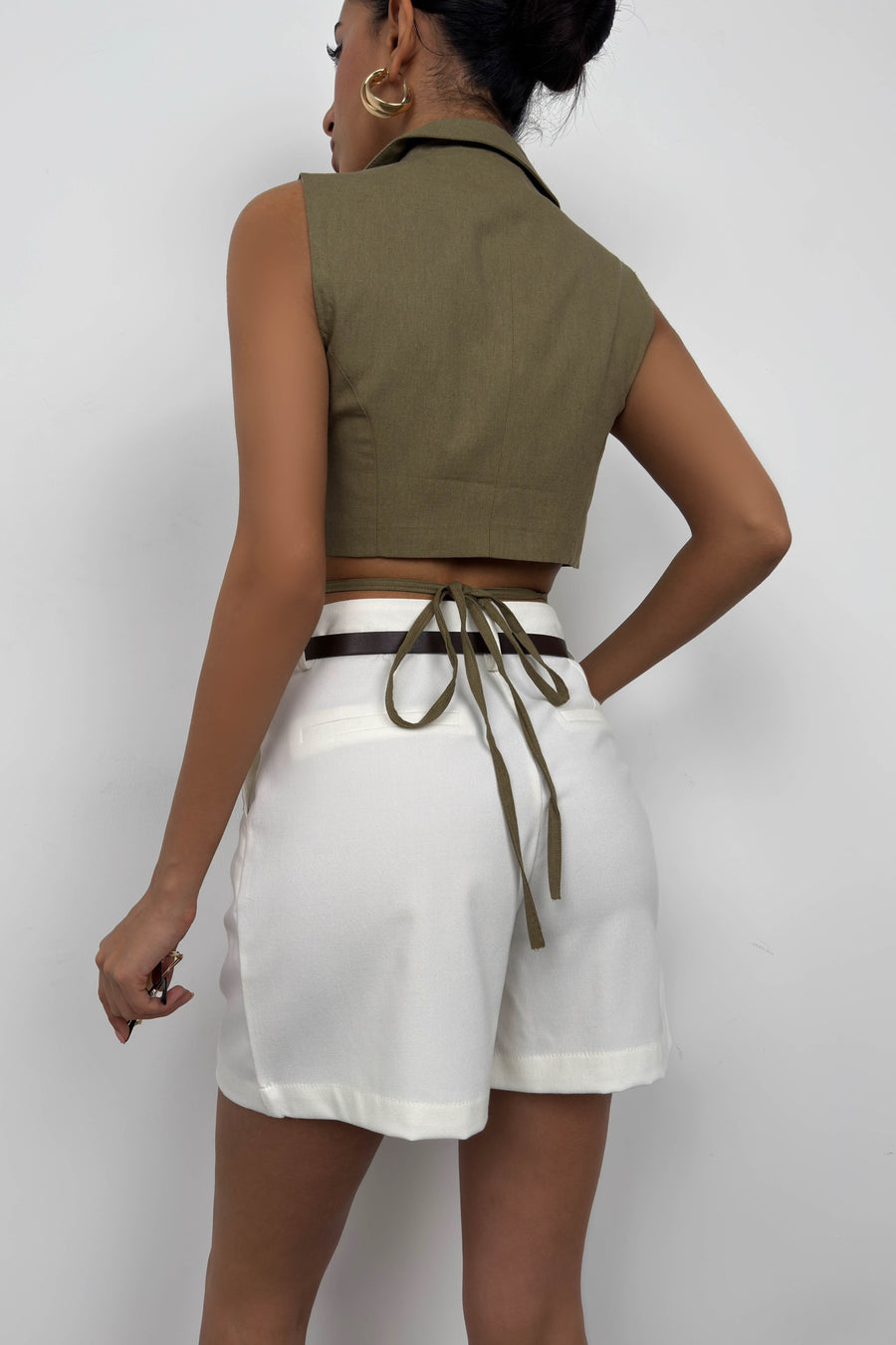 Lacing Detail Khaki Linen Vest 