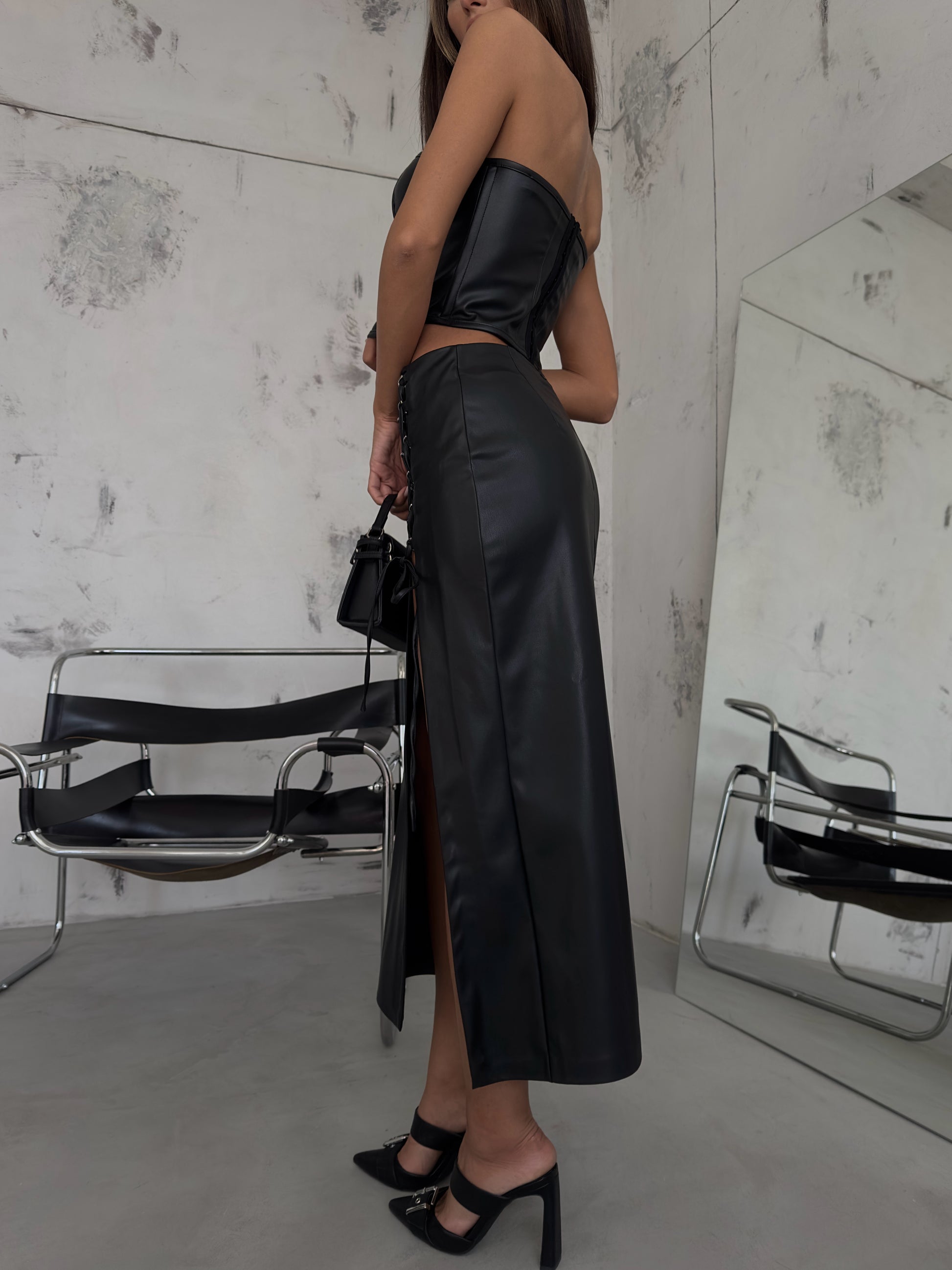 Tie Detail Midi Length Black Leather Skirt 