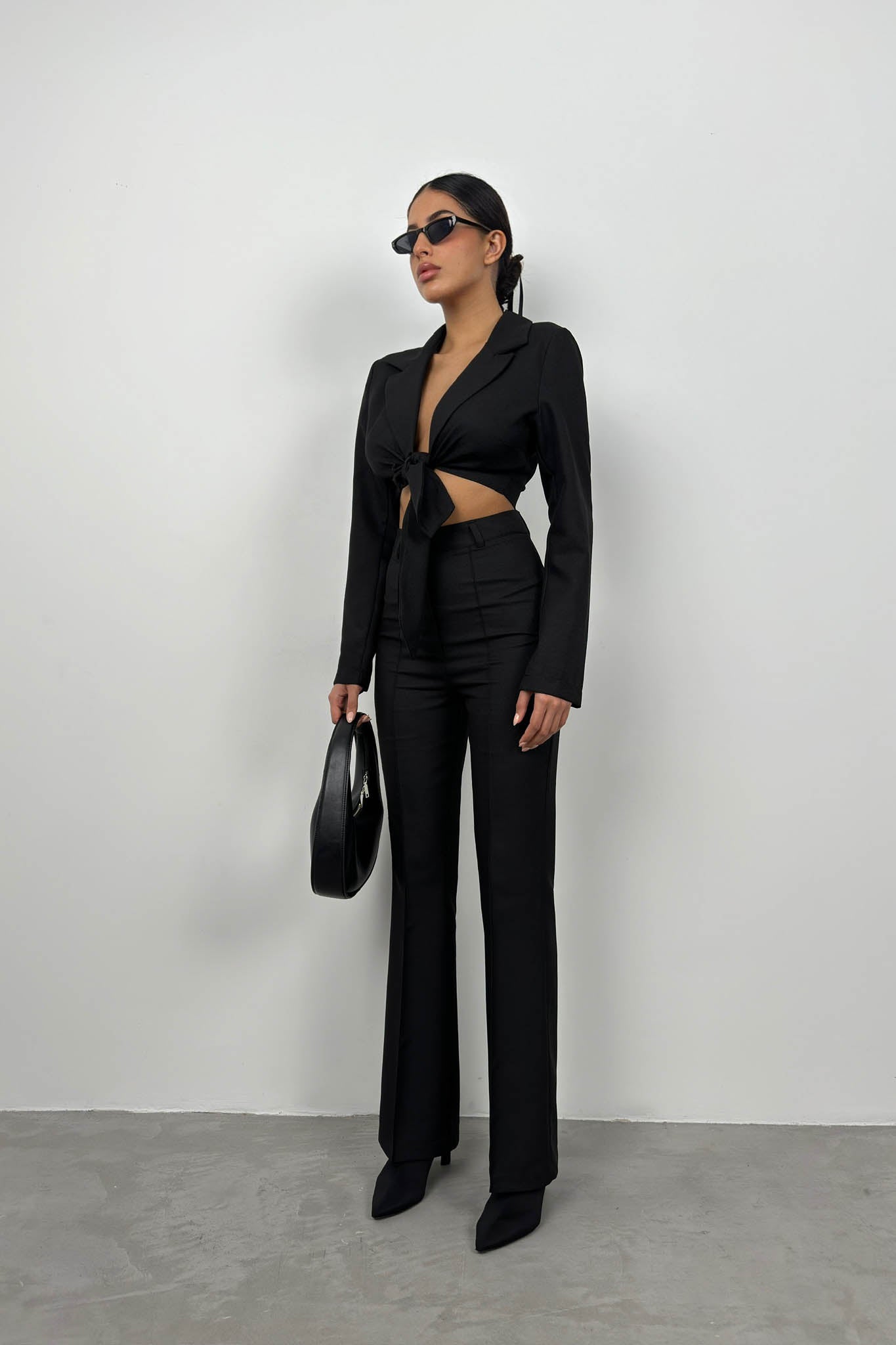 Tied Black Crop Jacket Trouser Set 