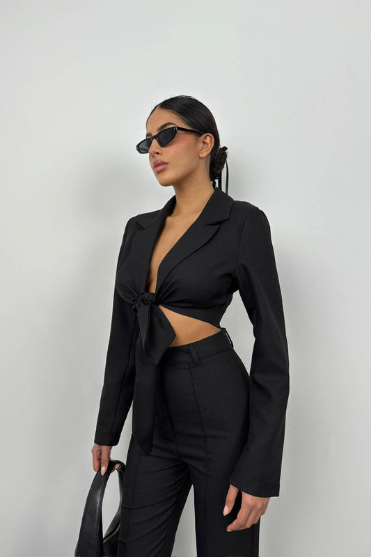 Tied Black Crop Jacket Trouser Set 