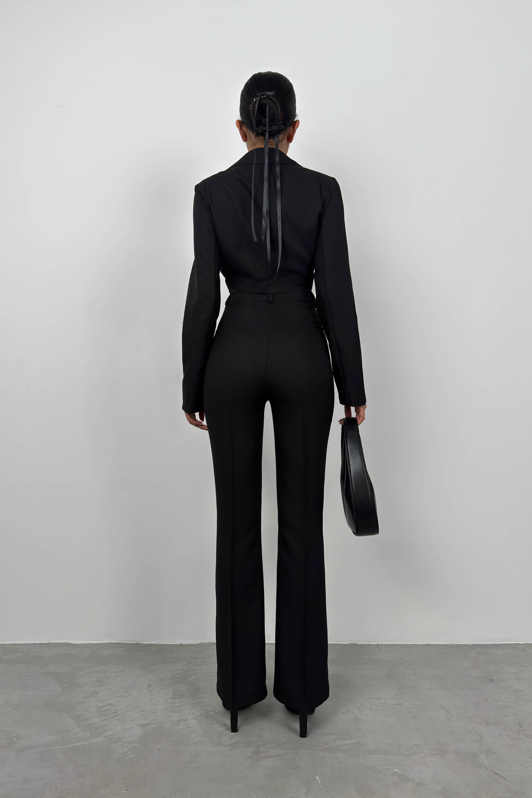 Bağlamalı Siyah Crop Ceket Pantolon Takım