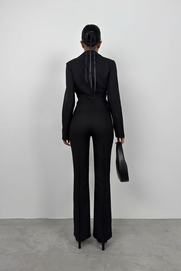 Bağlamalı Siyah Crop Ceket Pantolon Takım