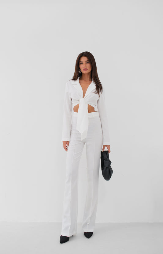 Tied Ecru Crop Jacket Trouser Set 