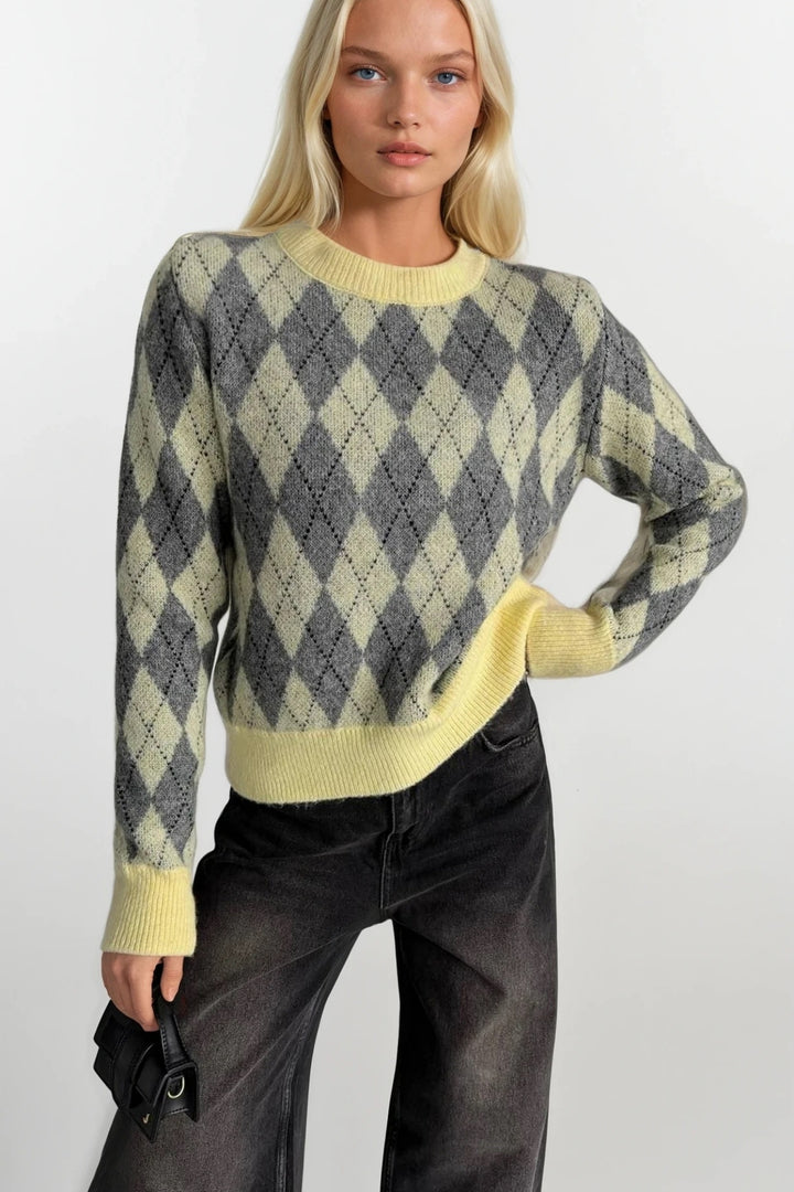 Baklava Desen Bisiklet Yaka Sarı Triko Kazak