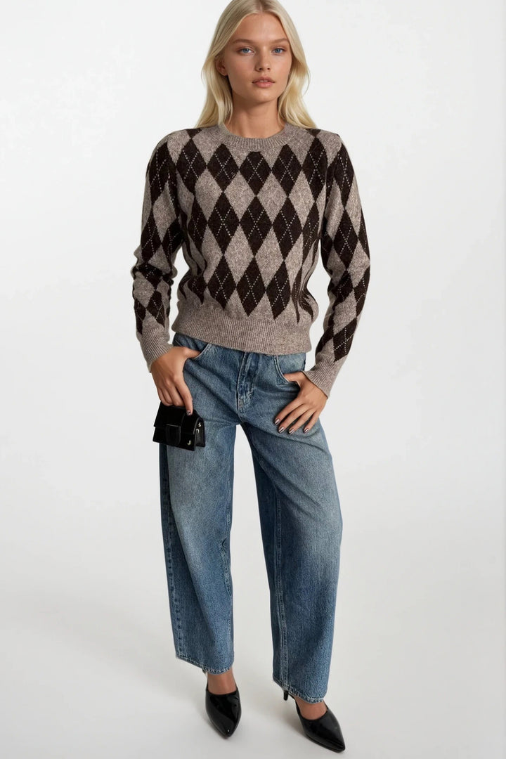 Baklava Desen Bisiklet Yaka Kahverengi Triko Kazak