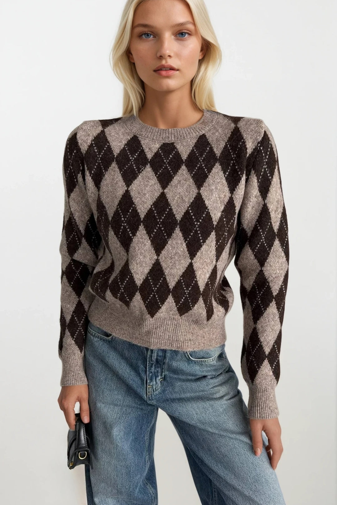 Baklava Desen Bisiklet Yaka Kahverengi Triko Kazak