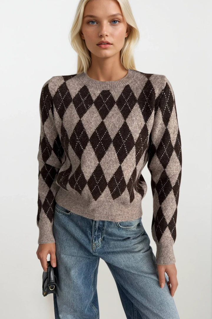 Baklava Desen Bisiklet Yaka Kahverengi Triko Kazak