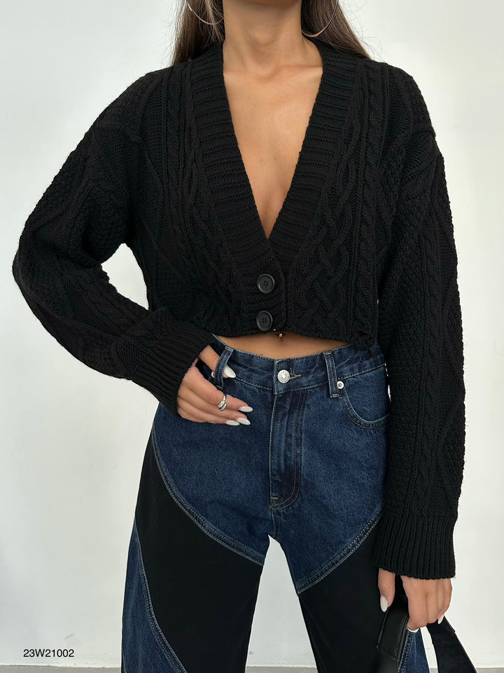 Baklava Desen Gri Crop Saçaklı Hırka