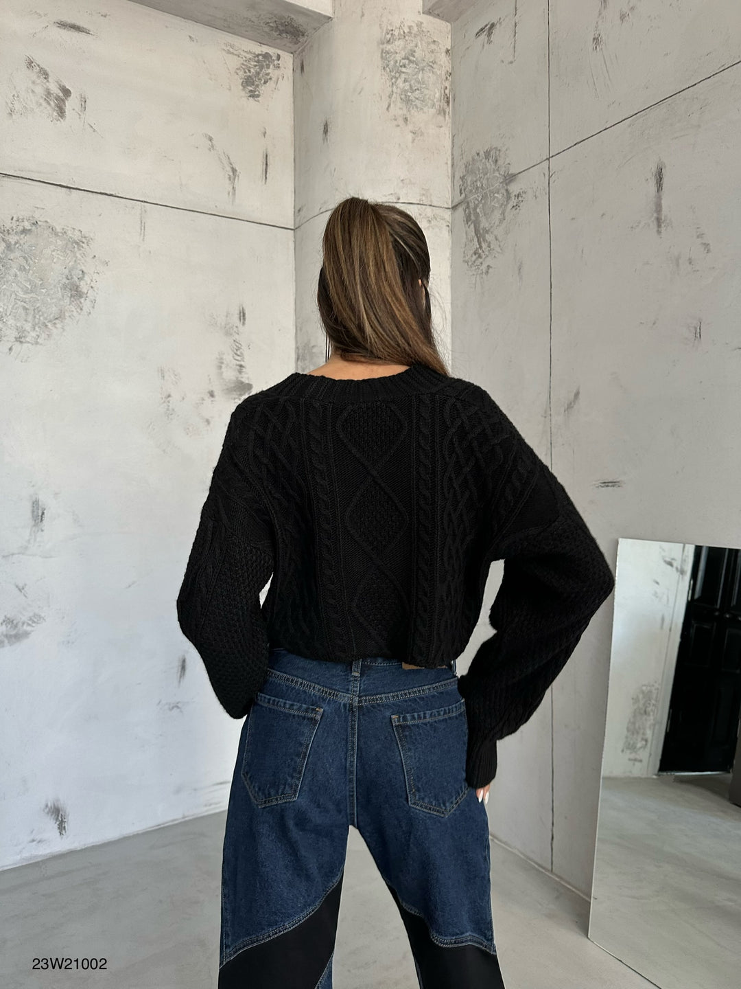 Baklava Desen Gri Crop Saçaklı Hırka