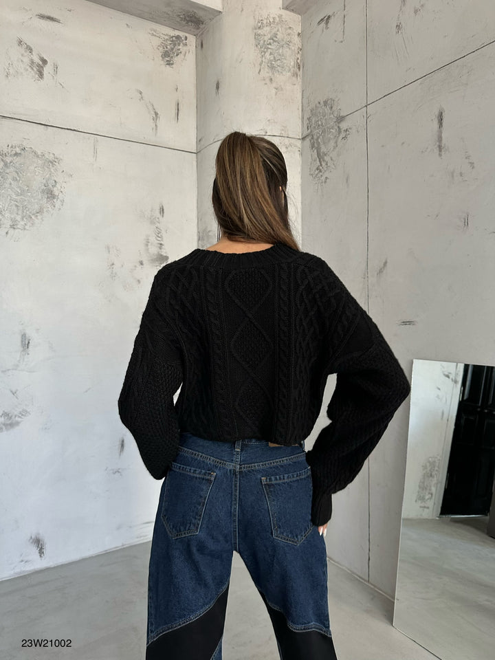 Baklava Desen Gri Crop Saçaklı Hırka