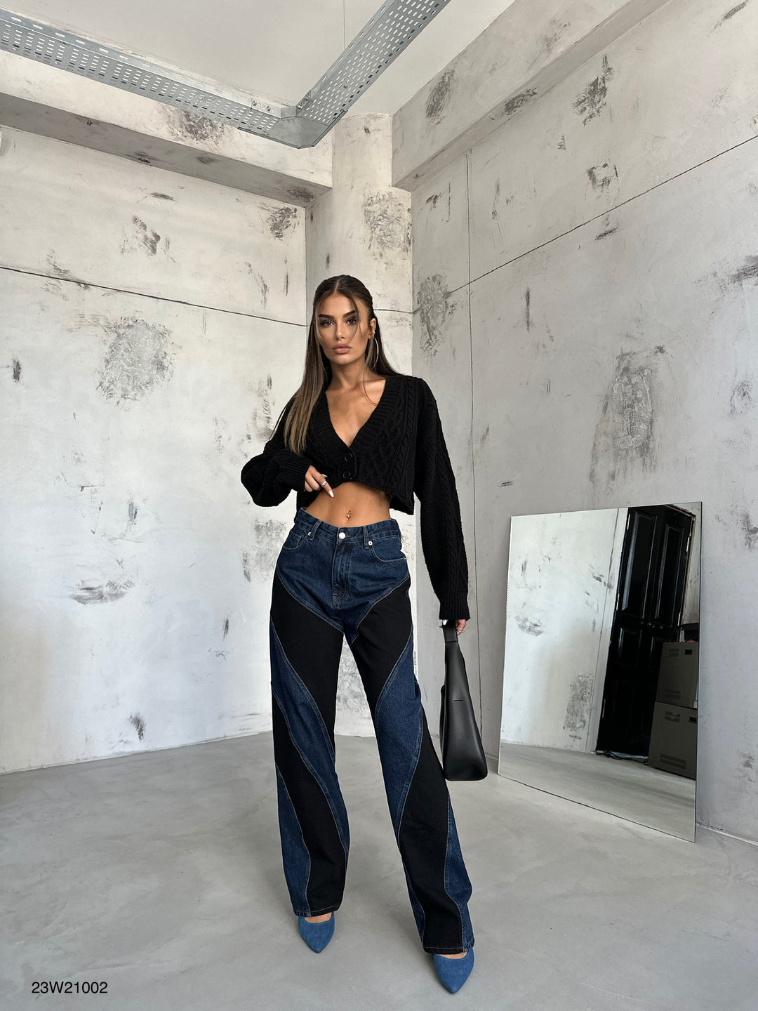 Baklava Desen Gri Crop Saçaklı Hırka