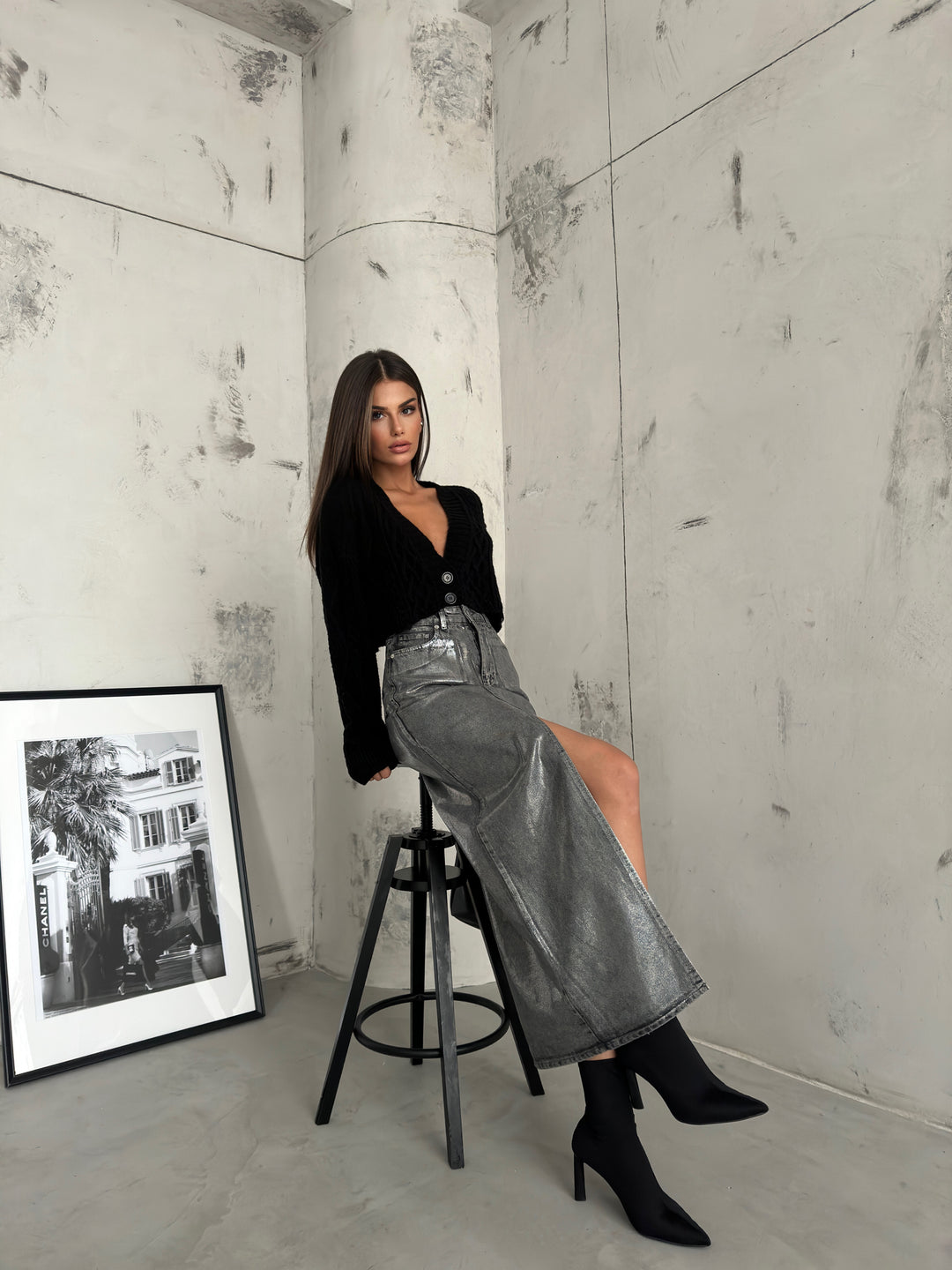 Baklava Desen Gri Crop Saçaklı Hırka