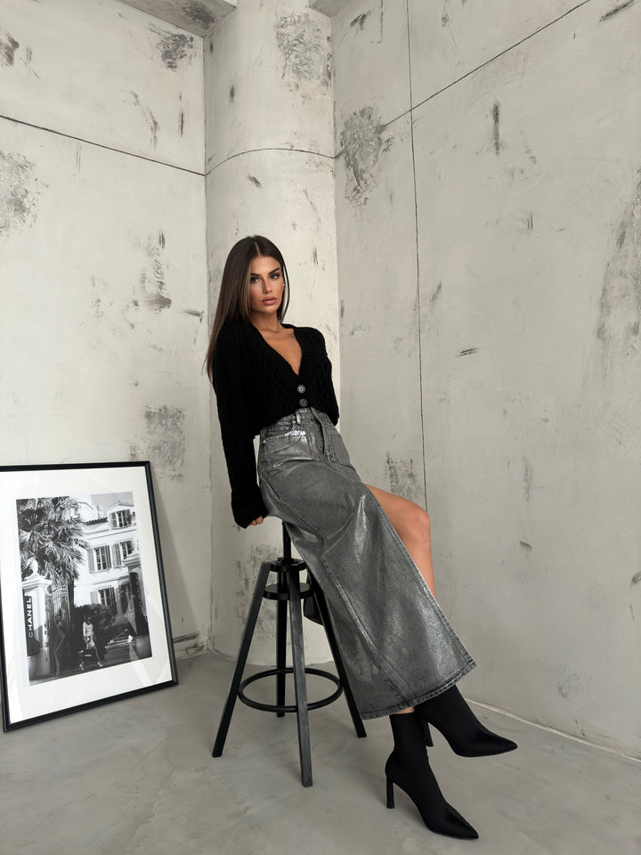 Baklava Desen Gri Crop Saçaklı Hırka