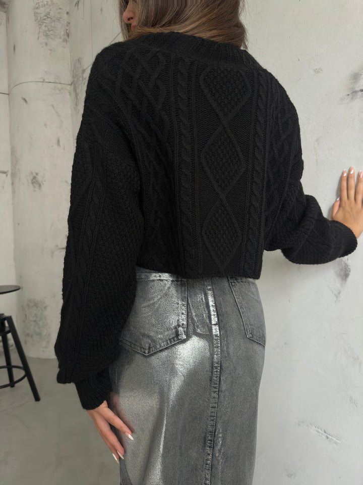 Baklava Desen Gri Crop Saçaklı Hırka