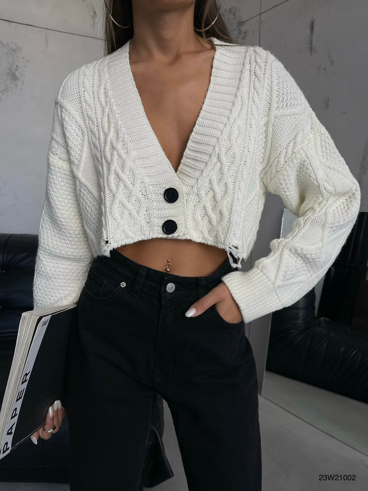 Baklava Desen Ekru Crop Saçaklı Hırka