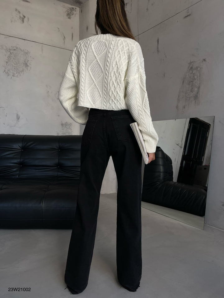 Baklava Desen Ekru Crop Saçaklı Hırka