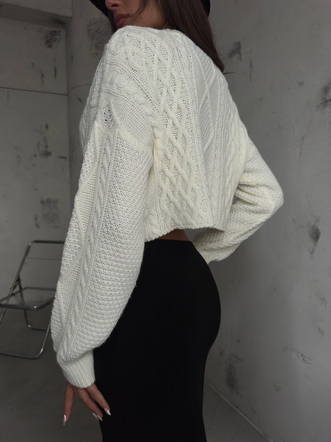 Baklava Desen Ekru Crop Saçaklı Hırka