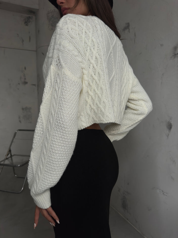 Baklava Desen Ekru Crop Saçaklı Hırka