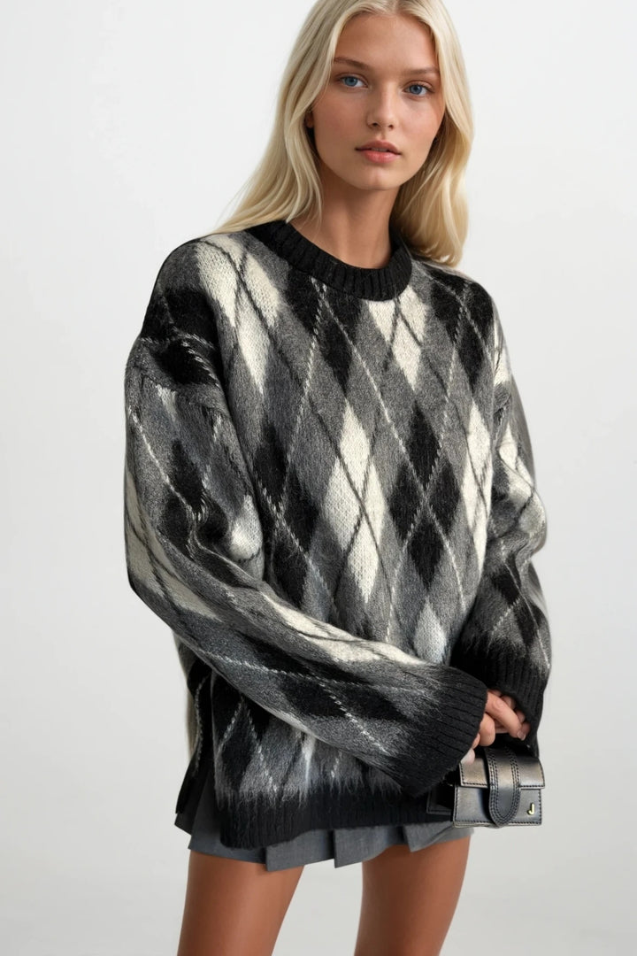 Baklava Desen Dokulu Bisiklet Yaka Siyah Triko Kazak