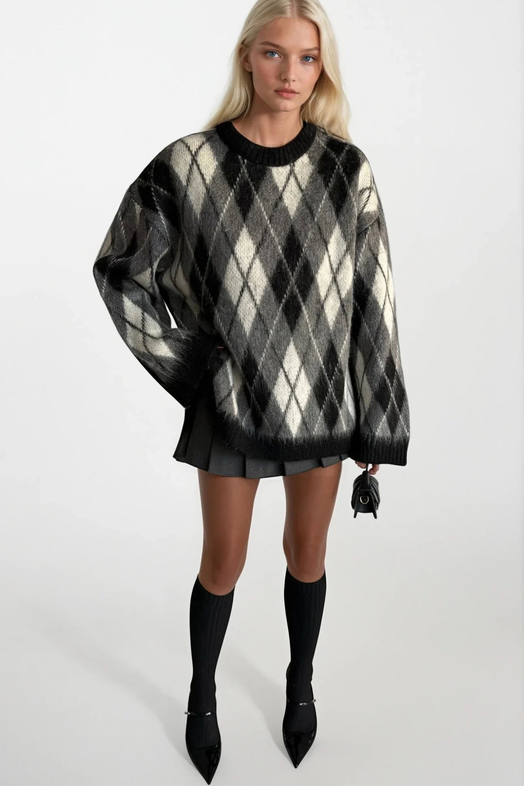 Baklava Desen Dokulu Bisiklet Yaka Siyah Triko Kazak