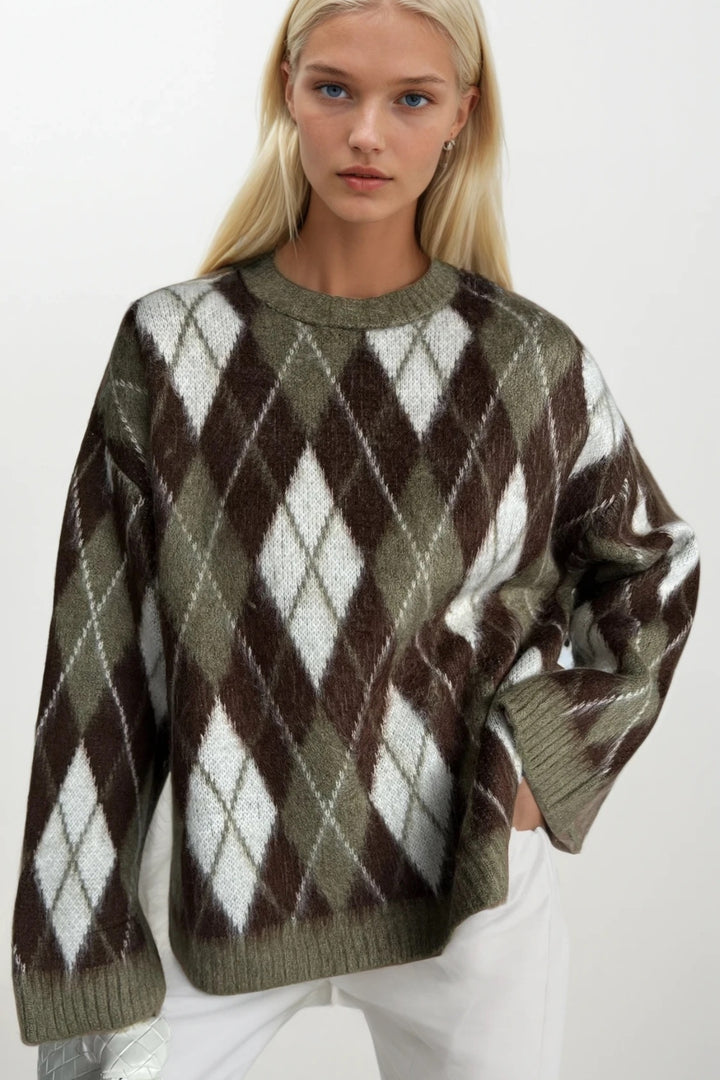 Baklava Desen Dokulu Bisiklet Yaka Haki Triko Kazak