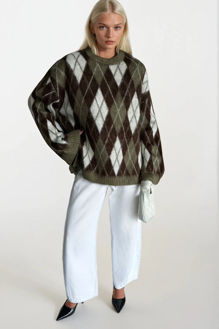 Baklava Desen Dokulu Bisiklet Yaka Haki Triko Kazak