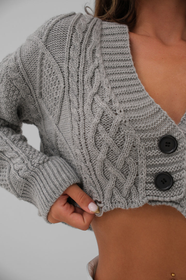 Baklava Desen Gri Crop Saçaklı Hırka