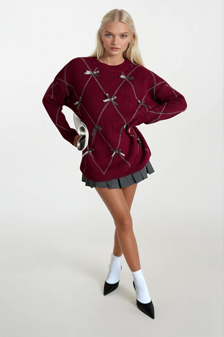 Baklava Desen Taş İşlemeli Fiyonklu Bordo Kazak