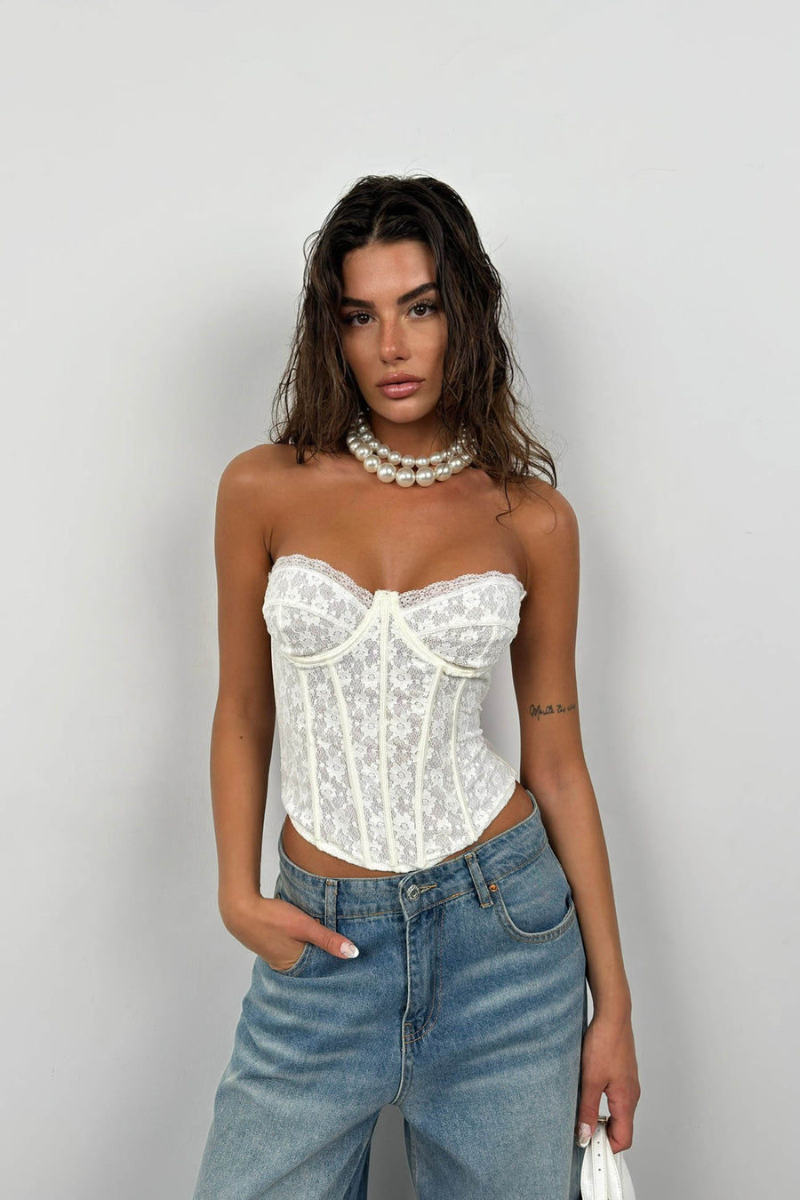 Underwire Lace Ecru Strapless Blouse 