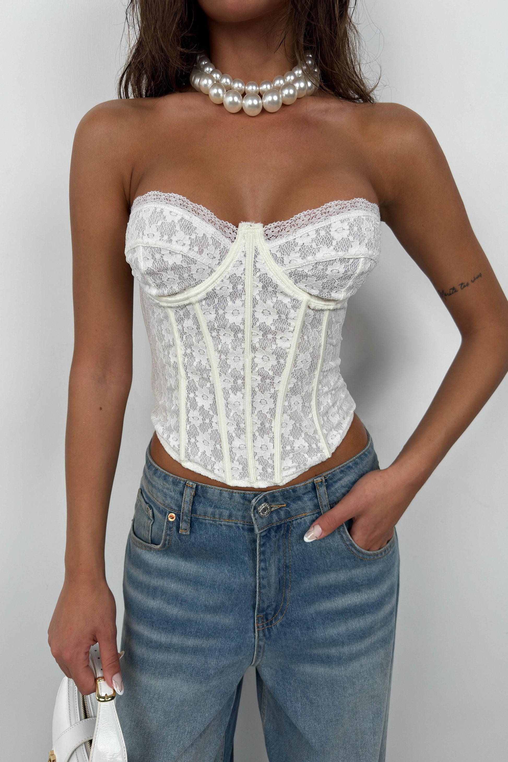 Underwire Lace Ecru Strapless Blouse 