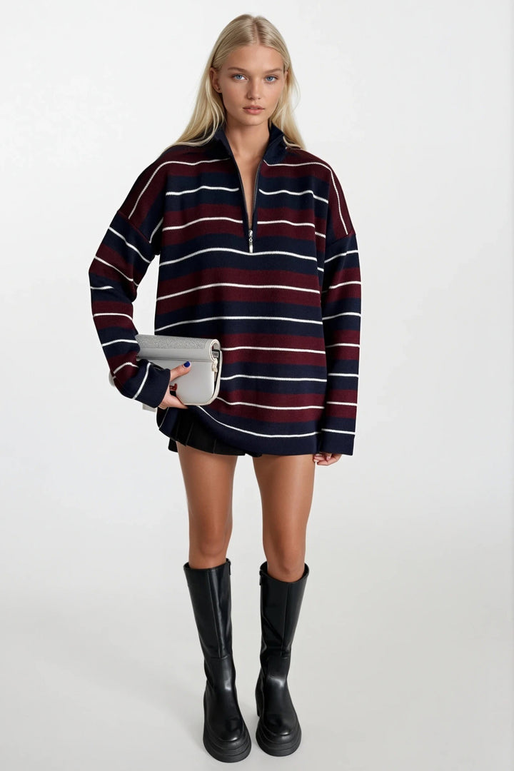 Balıkçı Yaka Fermuar Detay Gri Çizgili Kazak