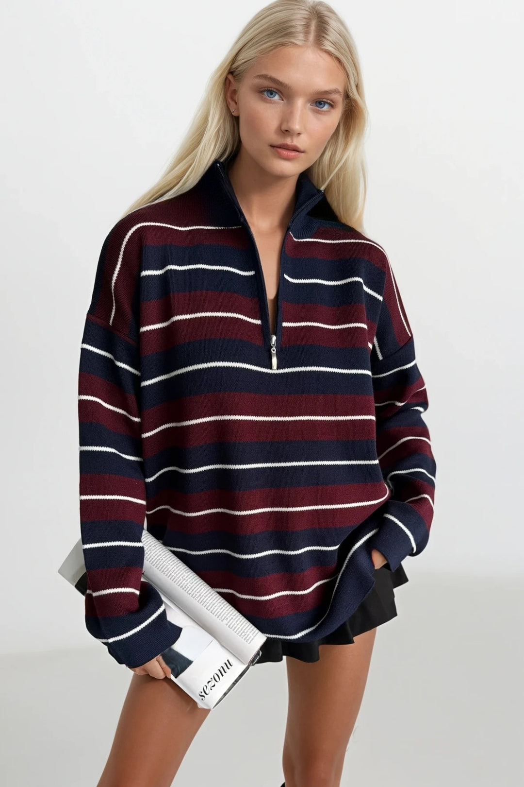 Balıkçı Yaka Fermuar Detay Gri Çizgili Kazak