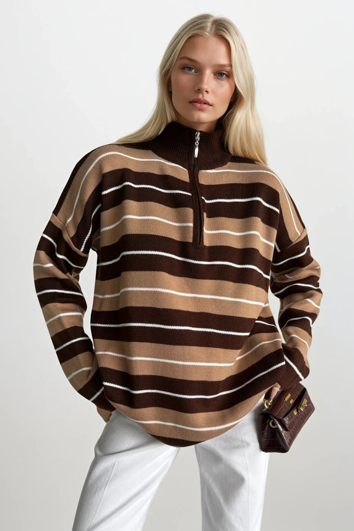 Balıkçı Yaka Fermuar Detay Kahverengi Çizgili Kazak