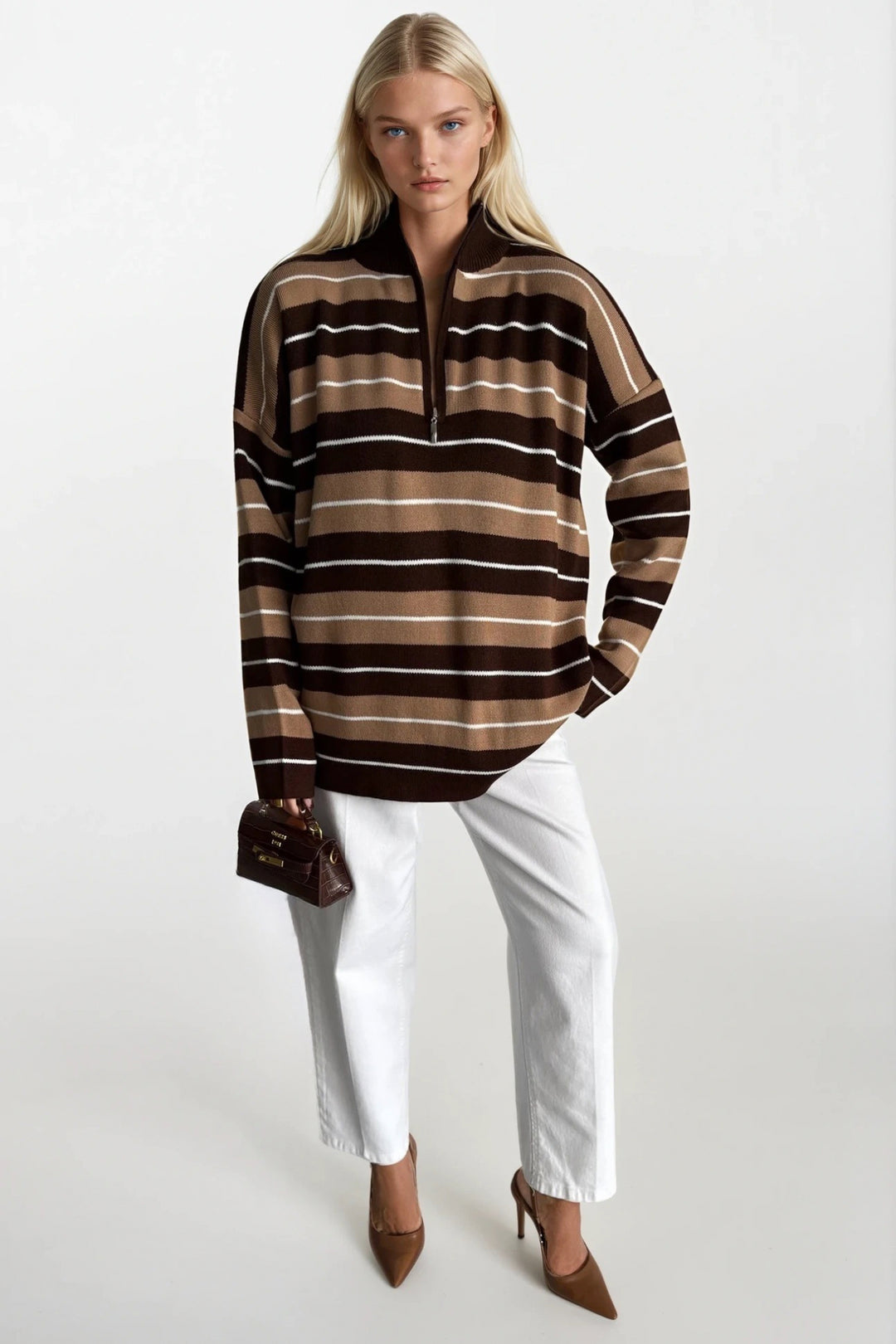 Balıkçı Yaka Fermuar Detay Kahverengi Çizgili Kazak