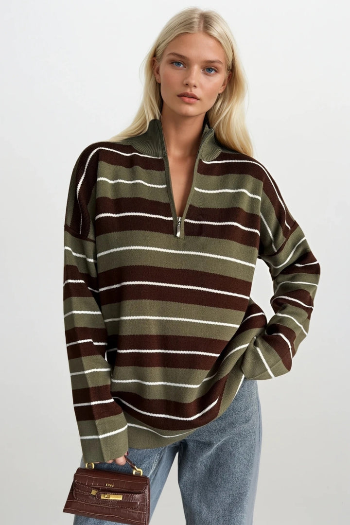 Balıkçı Yaka Fermuar Detay Yeşil Çizgili Kazak