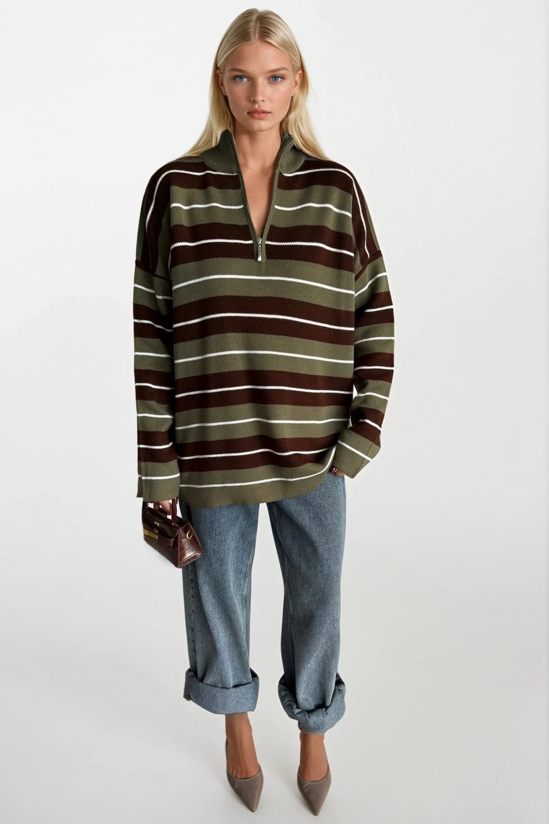 Balıkçı Yaka Fermuar Detay Yeşil Çizgili Kazak