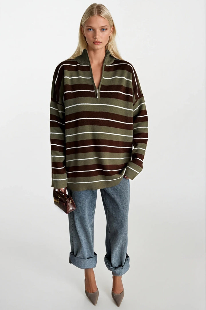 Balıkçı Yaka Fermuar Detay Yeşil Çizgili Kazak