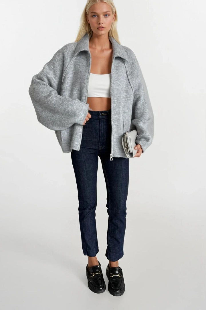 Balıkçı Yaka Fermuar Detay Gri Kazak