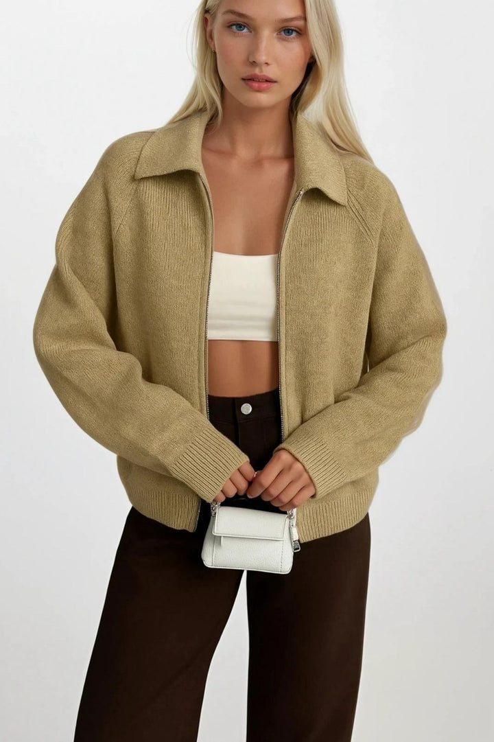 Balıkçı Yaka Fermuar Detay Vizon Kazak