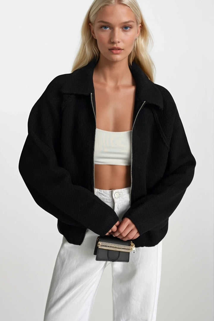 Balıkçı Yaka Fermuar Detay Siyah Kazak