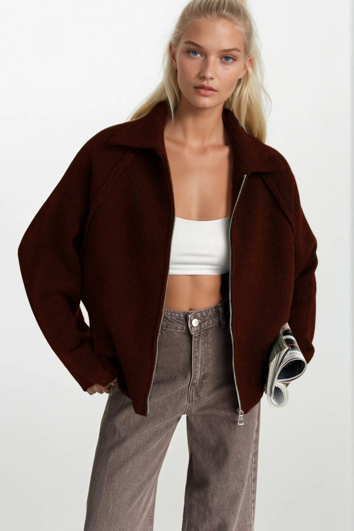 Balıkçı Yaka Fermuar Detay Bordo Kazak