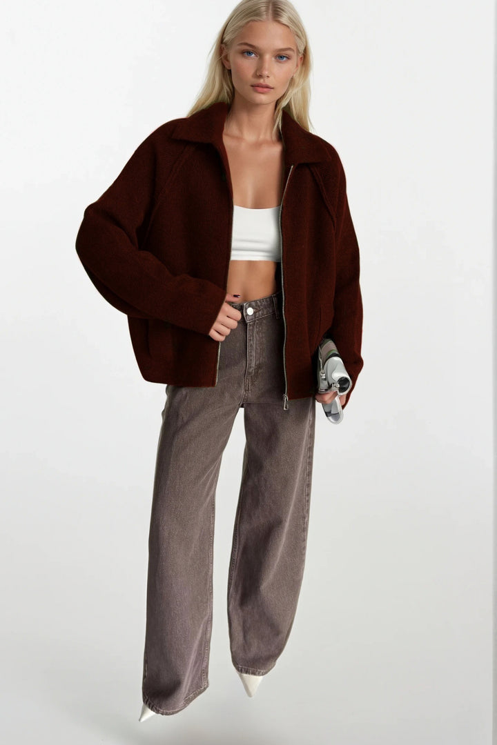 Balıkçı Yaka Fermuar Detay Bordo Kazak