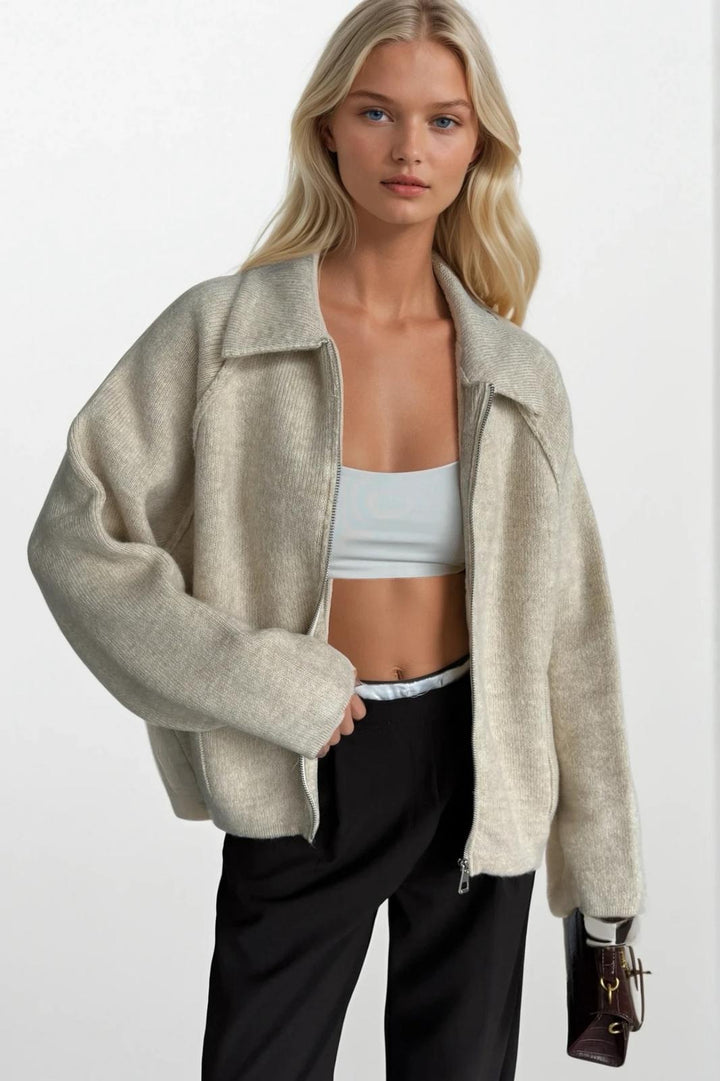 Balıkçı Yaka Fermuar Detay Taş Kazak