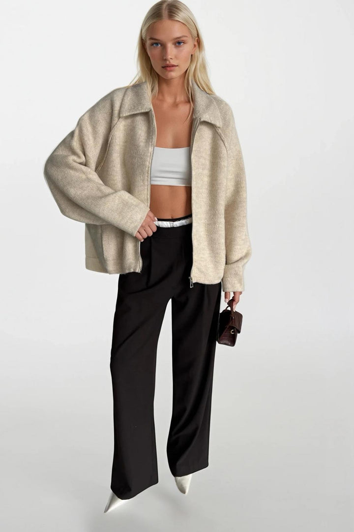 Balıkçı Yaka Fermuar Detay Taş Kazak