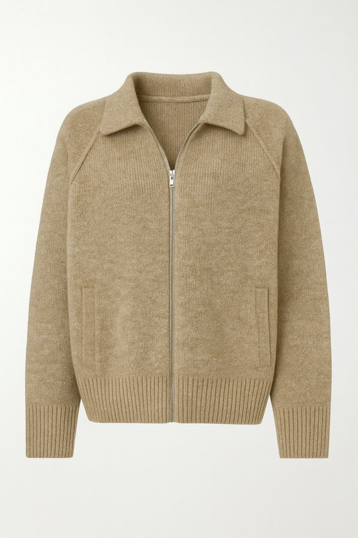 Balıkçı Yaka Fermuar Detay Vizon Kazak