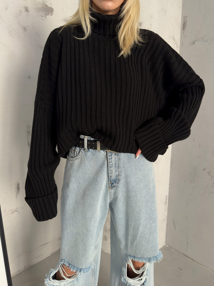 Balıkçı Yaka Fitilli Siyah Crop Kazak