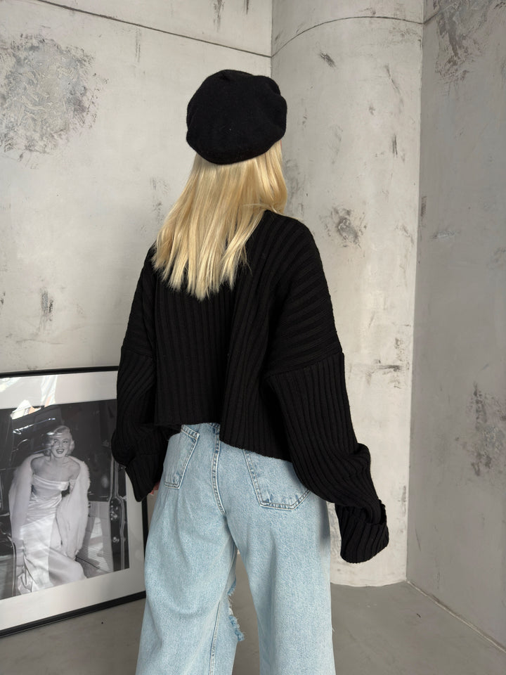 Balıkçı Yaka Fitilli Siyah Crop Kazak