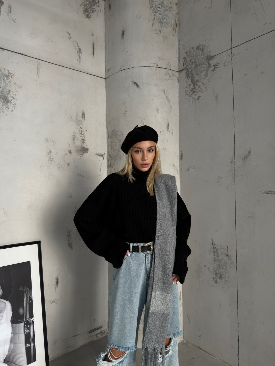 Balıkçı Yaka Fitilli Siyah Crop Kazak